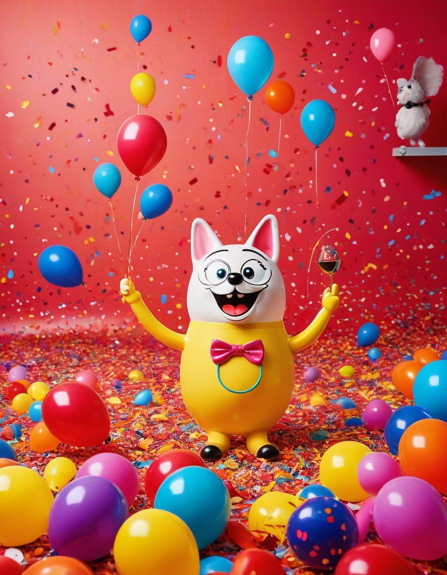 A playful scene showcasing an array of colorful and quirky adult novelty toys, including humorous characters, silly shapes, and outrageous designs, all set against a vibrant, whimsical background filled with confetti and balloons. The toys should have exaggerated features and expressive faces, to evoke a sense of fun and laughter. The atmosphere should feel light-hearted and inviting, engaging the viewer’s sense of humor. bright colors. playful illustration style. high saturation.