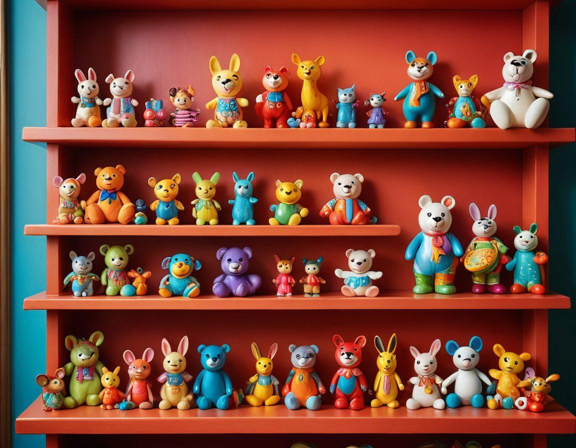 A whimsical collection of quirky and funny collectible toys, each with exaggerated features and colorful designs, arranged playfully on a vibrant shelf. In the background, a light-hearted atmosphere with soft laughter bubbles emerging from the toys. Add a spotlight effect highlighting the toys, evoking a sense of joy and nostalgia. cartoonish style. vibrant colors. playful composition.