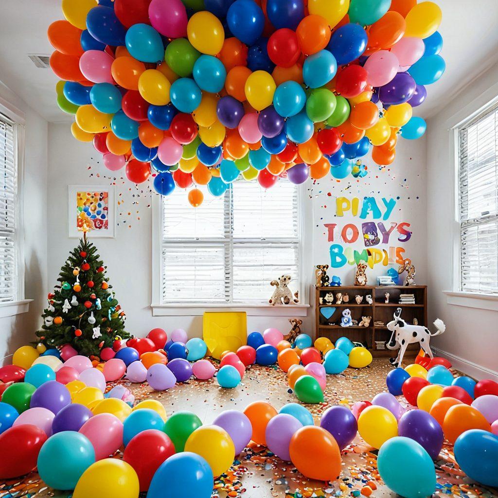 A playful scene showcasing a variety of whimsical adult toys arranged like an art installation, with bright colors and quirky designs. Include a fun backdrop of colorful balloons and confetti to enhance the festive atmosphere. Feature humorous elements like cartoon-style characters enjoying the gifts, making the overall vibe light-hearted and cheeky. super-realistic. vibrant colors. playful style.